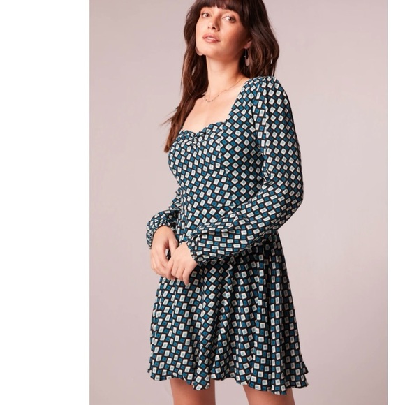 Band of the Free Geometric Print Long Sleeve Mini Dress Size Small Blue Teal - Picture 4 of 10